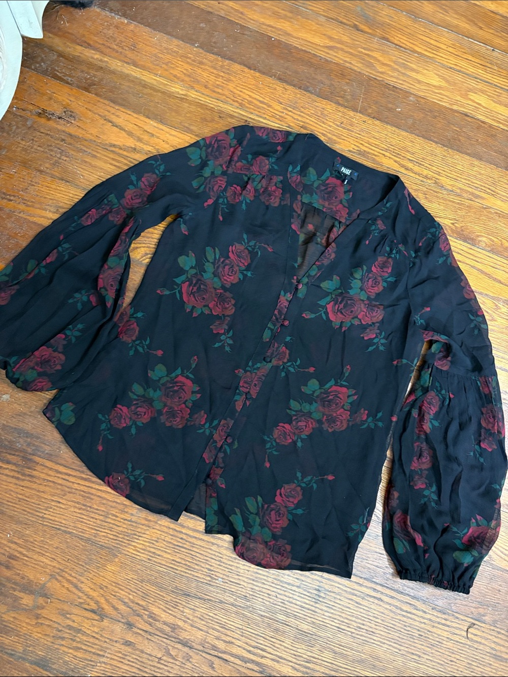 PAIGE Emilia Black Floral Sheer Silk Blouse  Joplin Rose Print women’s small